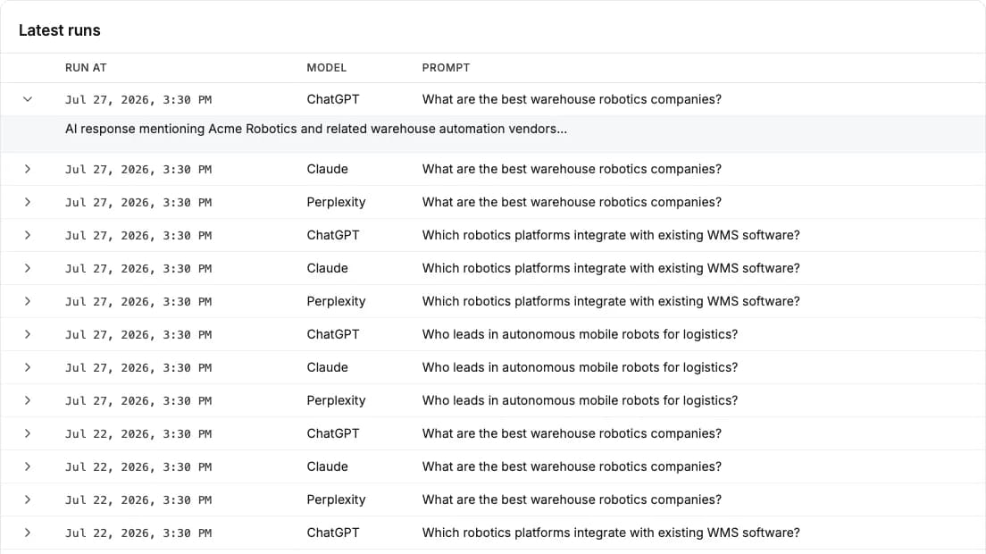 An expanded run showing the model's full answer and citations